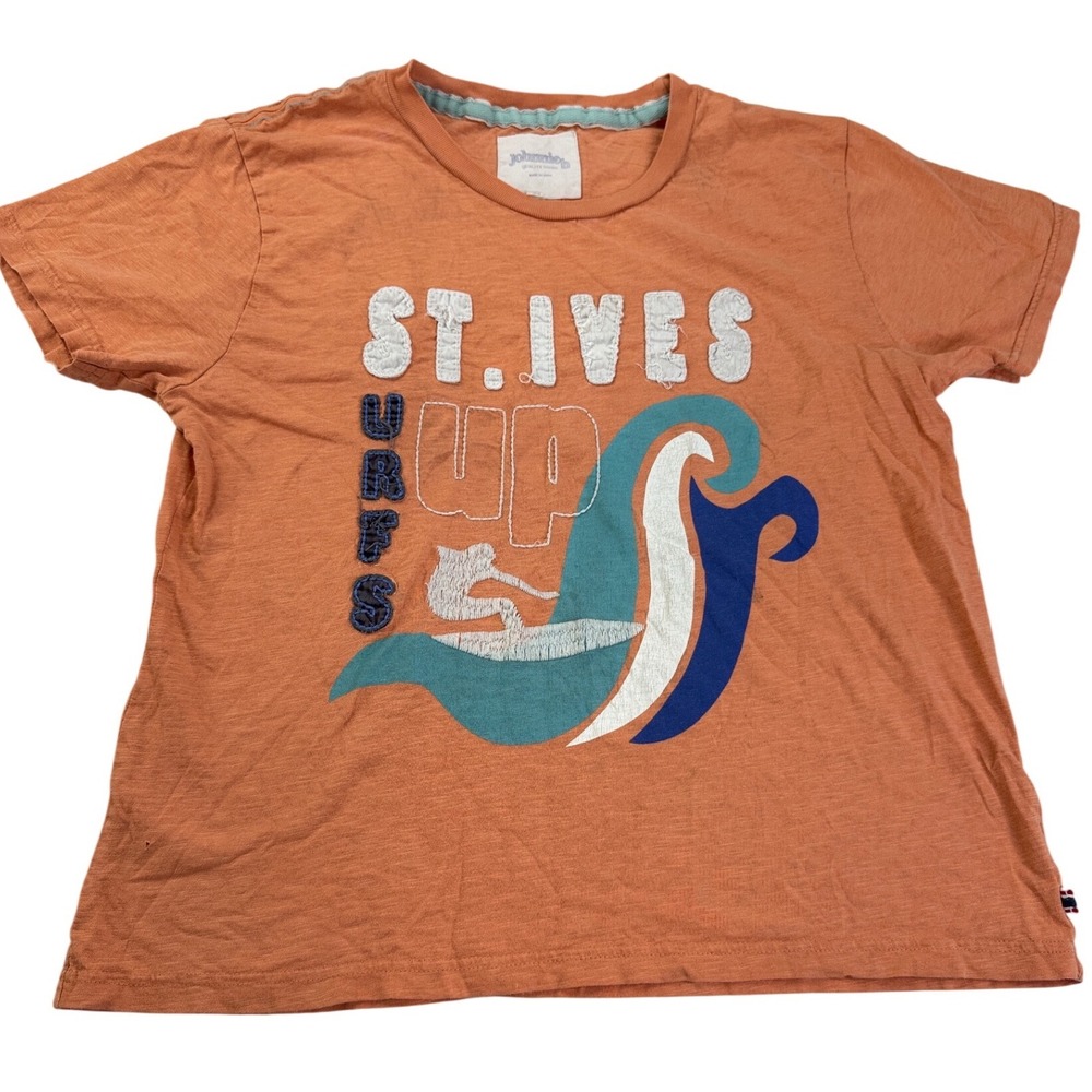 Johnnie B Boden Boys Orange St Ives Surfs Up‎ Graphic T-Shirt Size L Slub Cotton